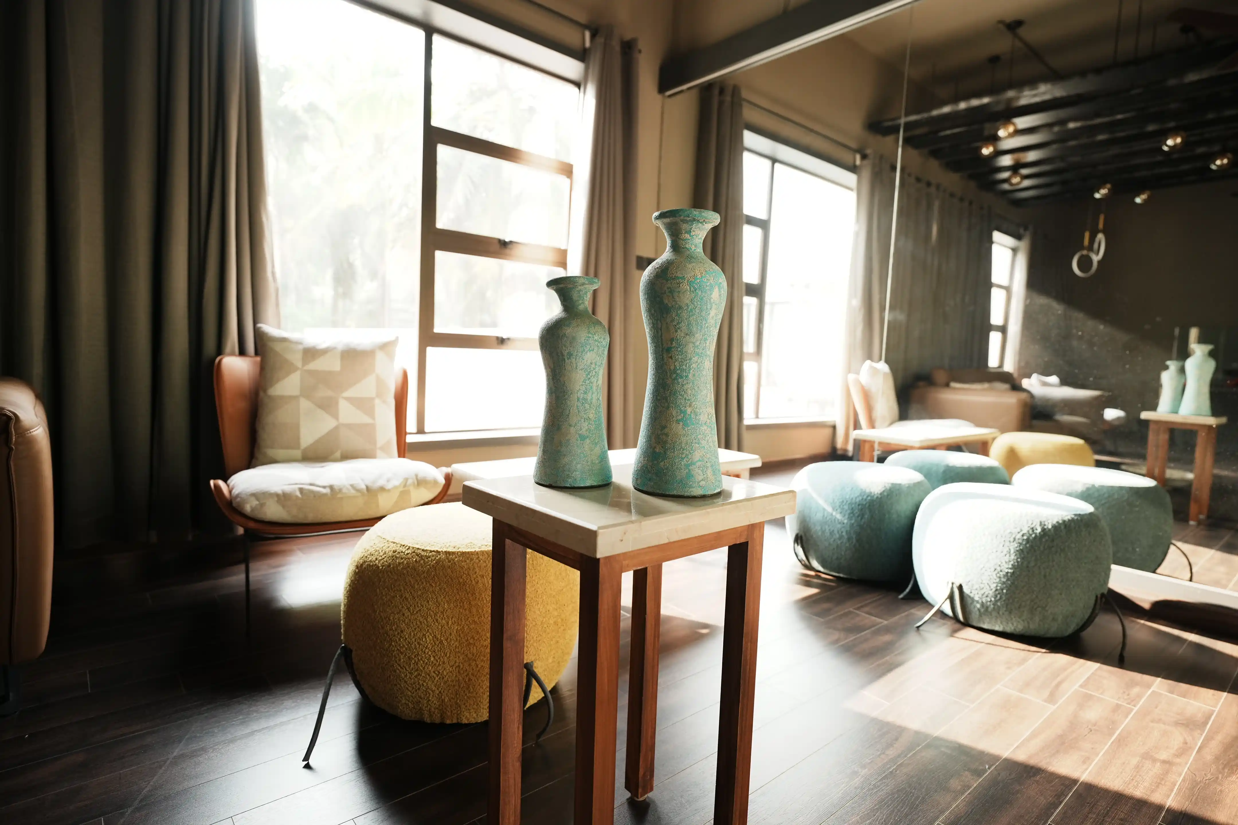 Handcrafted ceramics on a timber shelf