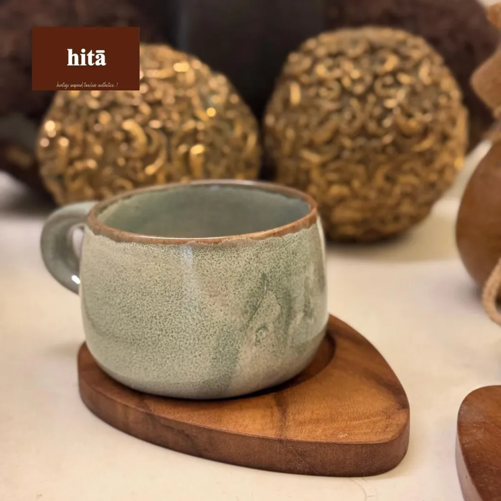 Porcelain Mugs with Teakwood Coasters (Earthy Green)