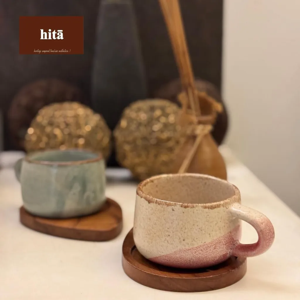 Porcelain Mugs with Teakwood Coasters (Creamy Pink)