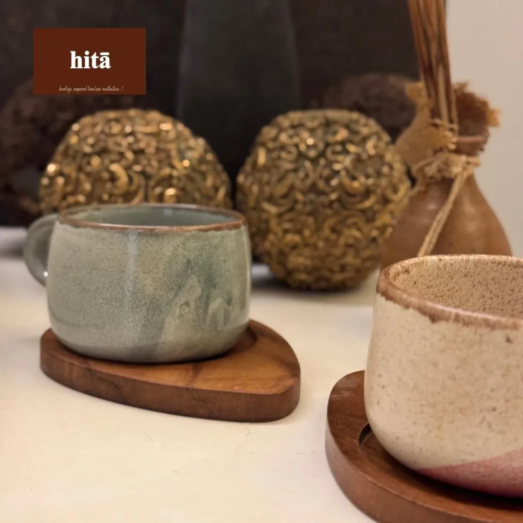 Porcelain Mugs with Teakwood Coasters (Earthy Green)