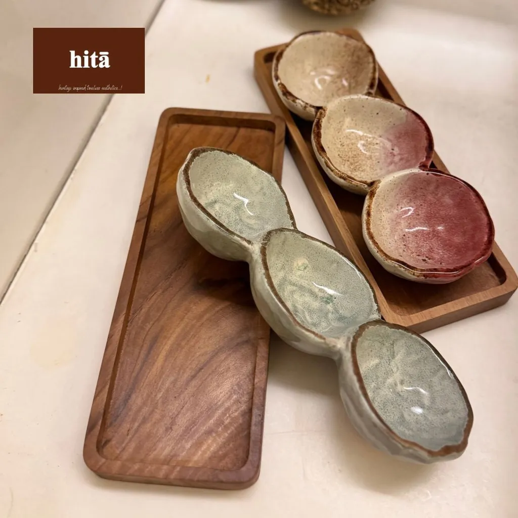 Trio Dip Bowls with Teakwood Tray( Earthy Green) 