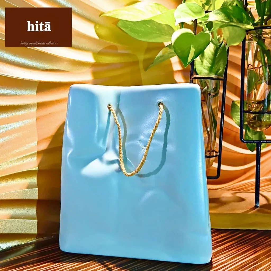 Clay Tote Ceramic Bag Vase (Aqua Blue)